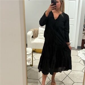 Apiece Apart Dress Midi Tiered Long Sleeve Lace Tie in Black